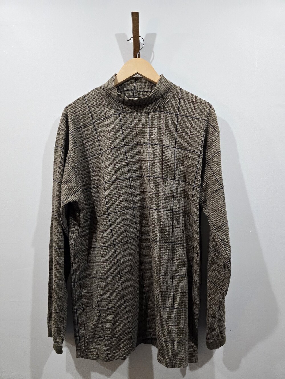 VTG L.L. Bean Houndstooth Windowpane Plaid Mock Neck Shirt Mens XL Made in USA